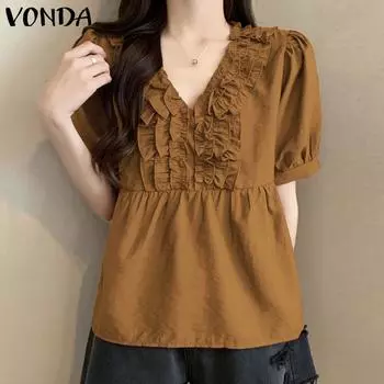 VONDA Женская летняя повседневная плиссированная однотонная свободная блузка с v-образным вырезом и короткими рукавами