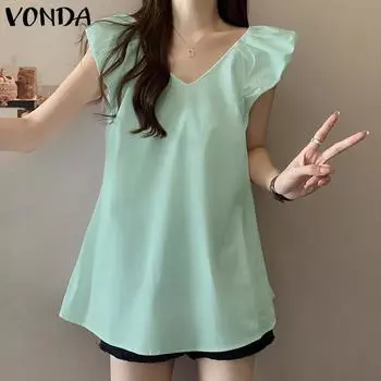 VONDA Женская летняя повседневная плиссированная однотонная свободная блузка без рукавов с v-образным вырезом M синий