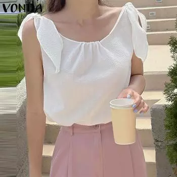 VONDA женская летняя повседневная плиссированная однотонная свободная блузка без рукавов с круглым вырезом и галстуком 5XL белый