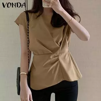 VONDA женская летняя повседневная плиссированная однотонная свободная блузка с круглым вырезом и короткими рукавами 5XL оранжевый