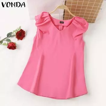 VONDA Женская летняя повседневная плиссированная однотонная свободная блузка без рукавов с v-образным вырезом L ярко-розовый