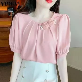 VONDA женская летняя повседневная плиссированная трехмерная однотонная свободная блузка с круглым вырезом и короткими рукавами 4XL светло-зеленый