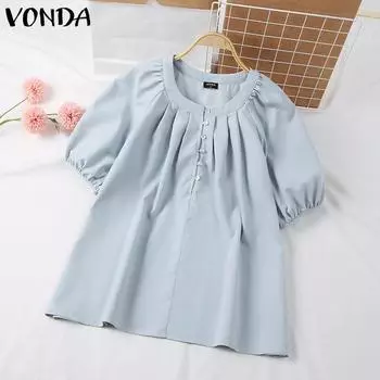 VONDA женская летняя повседневная Повседневная блузка с круглым вырезом и короткими рукавами, украшение на пуговицах, однотонная свободная блузка M розовый