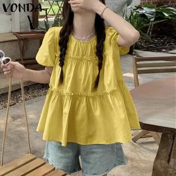 VONDA женская летняя повседневная Повседневная блузка с круглым вырезом и короткими рукавами, плиссированная многослойная однотонная свободная блузка