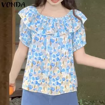 VONDA женская летняя повседневная прямая блузка с круглым вырезом и короткими рукавами с принтом XL оранжевый