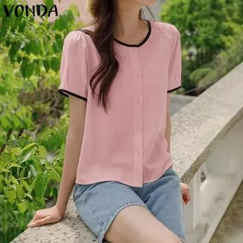 VONDA женская летняя повседневная рубашка с круглым вырезом и коротким рукавом с цветными блоками