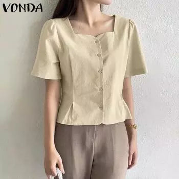 VONDA женская летняя повседневная рубашка с квадратным воротником и короткими рукавами и пуговицами