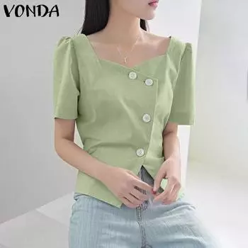 VONDA женская летняя повседневная рубашка с квадратным воротником и короткими рукавами, нерегулярной планкой и пуговицами