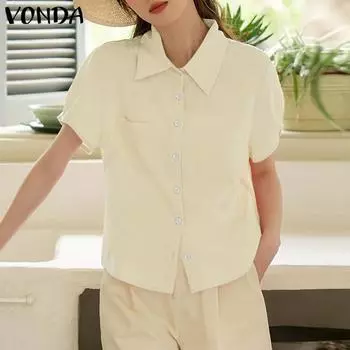 VONDA женская летняя повседневная рубашка с пышным воротником и коротким рукавом с карманом на талии