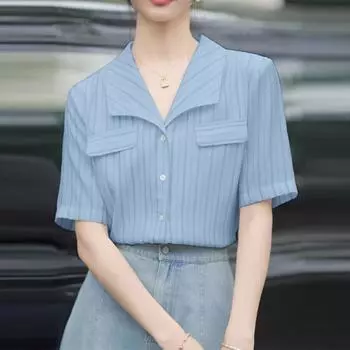 VONDA Женская летняя повседневная рубашка с v-образным вырезом и коротким рукавом, прямая рубашка с карманами