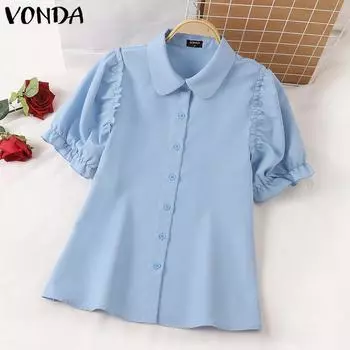 VONDA женская летняя повседневная рубашка с воротником-фонариком и короткими рукавами, однотонная свободная блузка 5XL синий