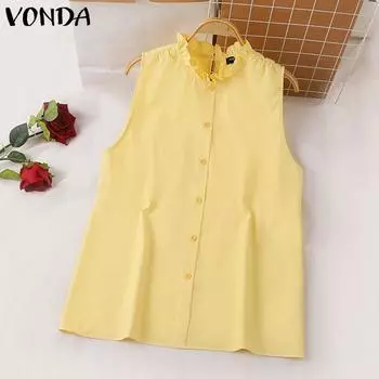 VONDA женская летняя повседневная свободная блузка без рукавов с рюшами и круглым вырезом 4XL жёлтый