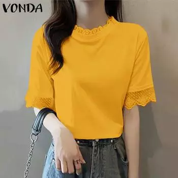VONDA женская летняя повседневная свободная блузка с воротником-стойкой и коротким рукавом, однотонная кружевная блузка 5XL жёлтый