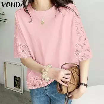 VONDA женская летняя повседневная Свободная блузка с круглым вырезом и половиной рукавов, однотонная кружевная блузка S розовый