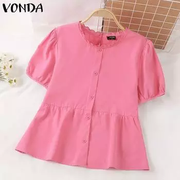 VONDA Женская летняя повседневная Свободная блузка с круглым вырезом и коротким рукавом на пуговицах