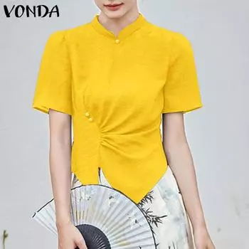 VONDA женская летняя повседневная свободная блузка с воротником-стойкой и коротким рукавом