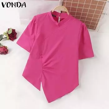 VONDA женская летняя повседневная свободная блузка с воротником-стойкой и коротким рукавом