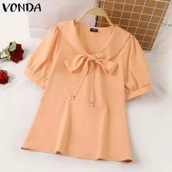 VONDA женская летняя повседневная свободная блузка с v-образным вырезом и короткими рукавами, сплошной цвет S оранжевый