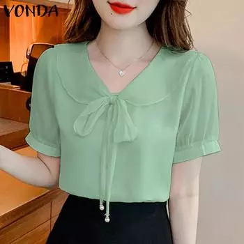 VONDA женская летняя повседневная свободная блузка с v-образным вырезом и короткими рукавами, сплошной цвет 5XL зелёный