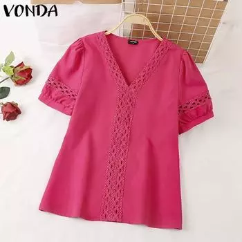 VONDA женская летняя повседневная Свободная блузка с v-образным вырезом и короткими рукавами, однотонная кружевная блузка