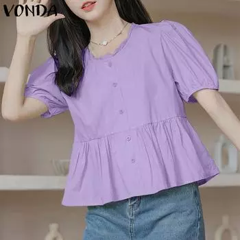 VONDA Женская летняя повседневная Свободная блузка с круглым вырезом и коротким рукавом на пуговицах