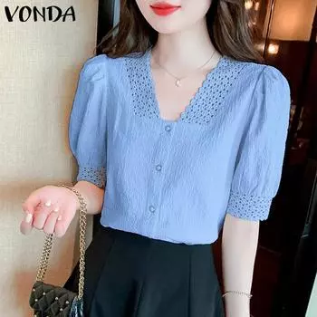 VONDA женская летняя повседневная Свободная блузка с квадратным вырезом и коротким рукавом, кружевная однотонная блузка S розовый