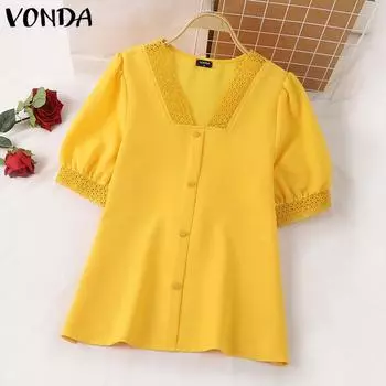 VONDA женская летняя повседневная Свободная блузка с квадратным вырезом и коротким рукавом, кружевная однотонная блузка 5XL жёлтый