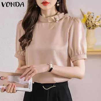 VONDA Женская летняя повседневная однотонная свободная блузка с воротником-стойкой и коротким рукавом 2XL