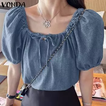 VONDA женская летняя повседневная свободная джинсовая блузка с квадратным вырезом и короткими рукавами, однотонная кружевная блузка S чёрный