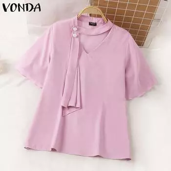 VONDA женская летняя повседневная свободная однотонная блузка с воротником-стойкой и короткими рукавами 4XL розовый