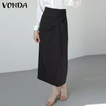 VONDA женская летняя прямая длинная юбка со складками и высокой талией, однотонная, свободная, с разрезом 3XL светло-зеленый