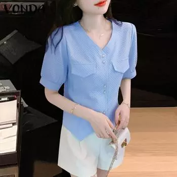 VONDA женская летняя прямая однотонная рубашка с v-образным вырезом и объемными рукавами