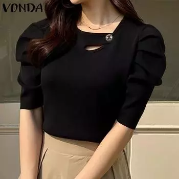 VONDA женская летняя прямая однотонная свободная блузка с круглым вырезом и короткими рукавами на пуговицах