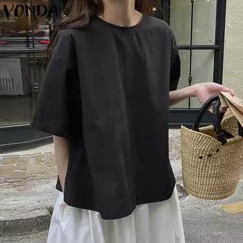 VONDA женская летняя прямая однотонная свободная блузка с круглым вырезом, заниженными плечами и короткими рукавами