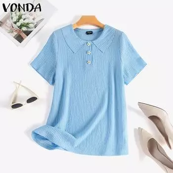 VONDA женская летняя прямая однотонная свободная блузка с круглым вырезом и короткими рукавами и цветочными пуговицами