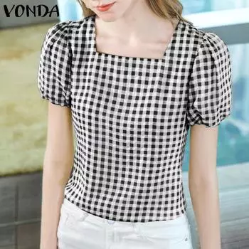 VONDA женская летняя прямая однотонная свободная клетчатая блузка с квадратным вырезом и короткими рукавами