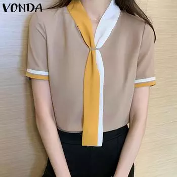 VONDA женская летняя прямая свободная блузка с v-образным вырезом и короткими рукавами контрастного цвета на бретельках
