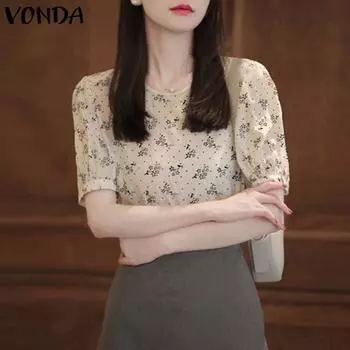 VONDA Женская летняя прямая свободная блузка с круглым вырезом и коротким рукавом с цветочным принтом