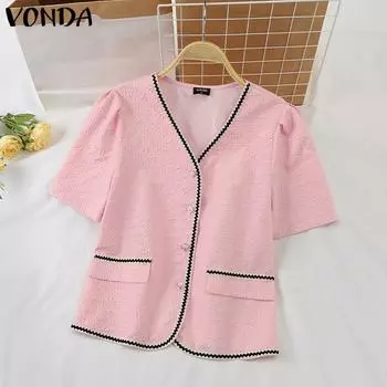 VONDA женская летняя пышная блузка с v-образным вырезом и коротким рукавом с открытой планкой, лоскутная лямка с карманами и клапанами, одноцветная свободная блузка