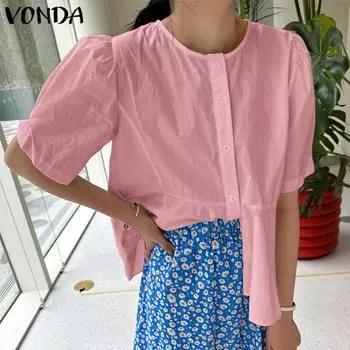 VONDA женская летняя рубашка с круглым вырезом и короткими рукавами, плиссированная, на пуговицах, однотонная рубашка на талии