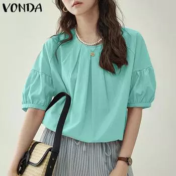 VONDA Женская летняя рубашка с круглым вырезом и коротким рукавом, плиссированные блузки 3XL зелёный