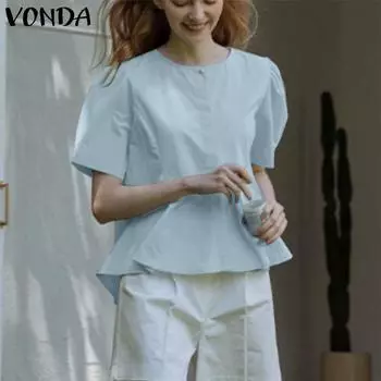 VONDA женская летняя рубашка с круглым вырезом и коротким рукавом, однотонная повседневная рубашка с накладными пуговицами