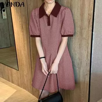 VONDA женская летняя рубашка с лацканами и короткими рукавами, однотонное свободное платье трапециевидной формы, короткое клетчатое платье