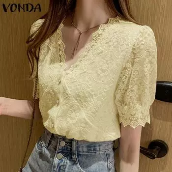 VONDA женская летняя рубашка с v-образным вырезом и коротким рукавом, кружевная прямая однотонная свободная рубашка на пуговицах M жёлтый