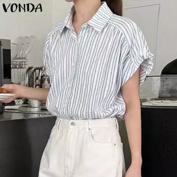 VONDA Женская летняя рубашка с воротником и короткими рукавами в полоску в полоску, свободный однотонный топ