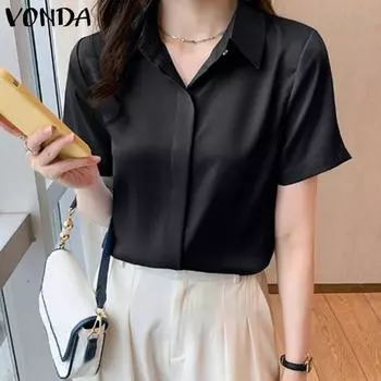 VONDA женская летняя рубашка с воротником и коротким рукавом, прямая однотонная свободная рубашка на пуговицах