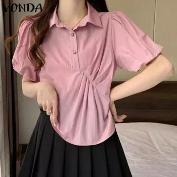 VONDA женская летняя рубашка с воротником и коротким рукавом, плиссированная однотонная свободная рубашка на пуговицах