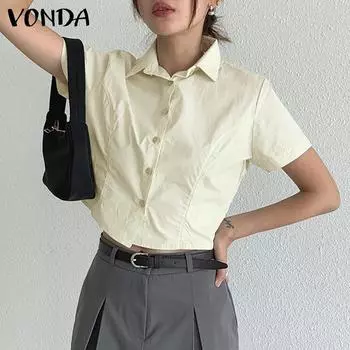 VONDA женская летняя рубашка с воротником и коротким рукавом на пуговицах на талии однотонный топ