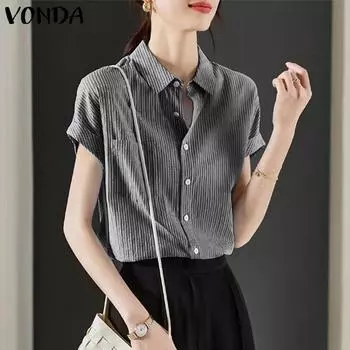 VONDA женская летняя рубашка с воротником и лацканами с коротким рукавом и пуговицами, полосатая однотонная свободная рубашка
