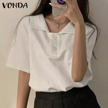 VONDA женская летняя рубашка с воротником и короткими рукавами и пуговицами, однотонный свободный топ